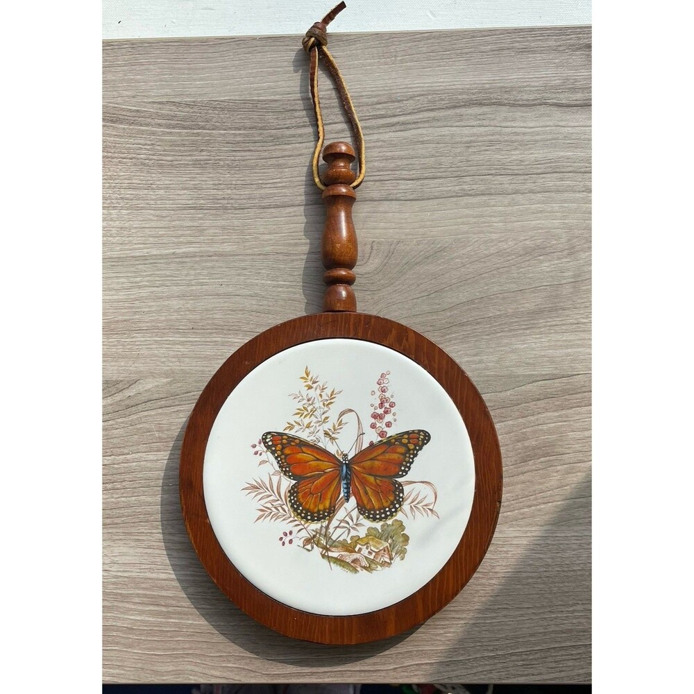 Wooden Trivet Ceramic Tile Insert with a Butterfly Motif Wall Decor